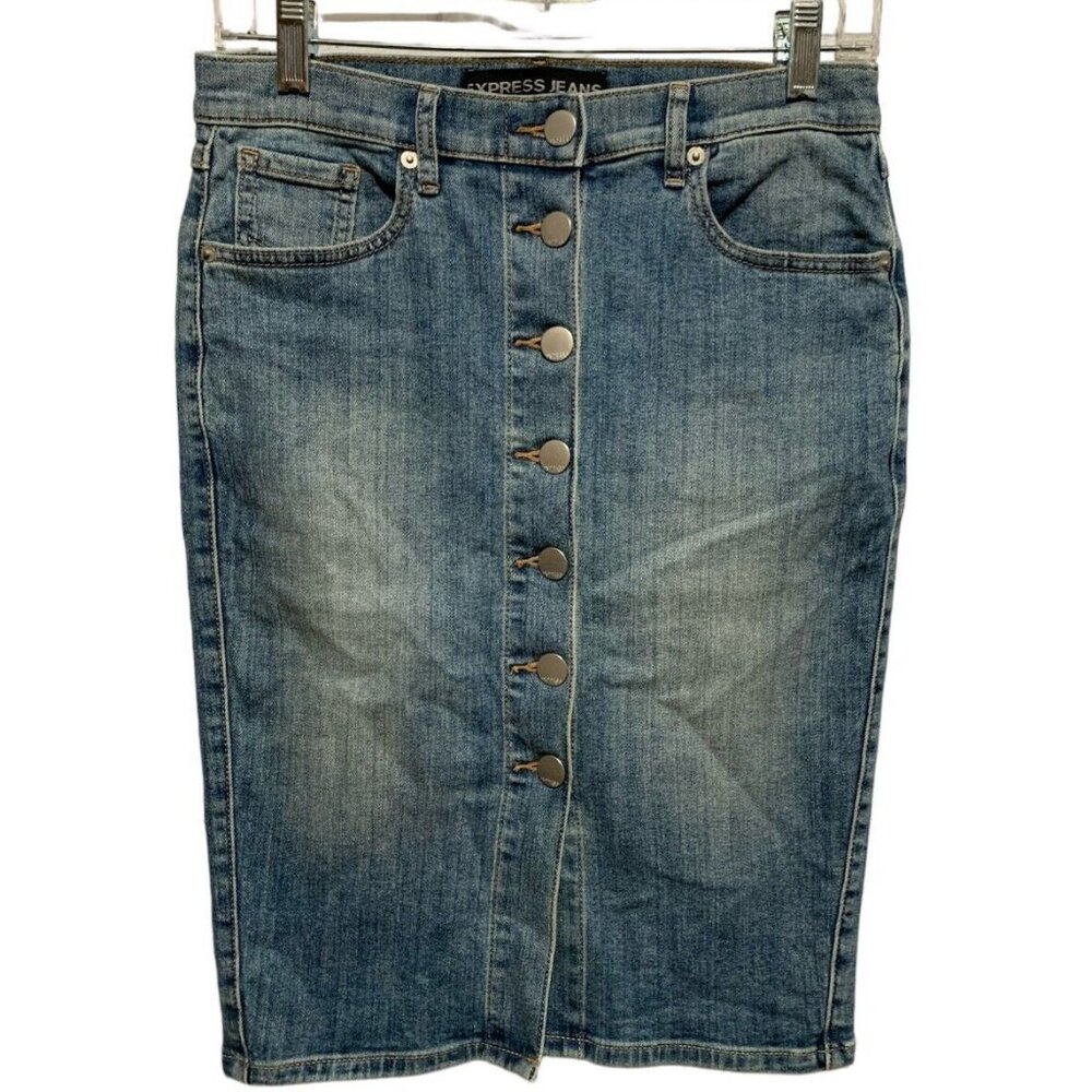 EXPRESS Jeans Sz 2 Blue Stretch Knee Length Button Down Denim Pencil Skirt